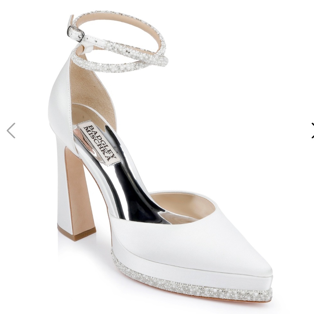 Badgley Mischka Ivory Satin Crystal Platform Ankle-Strap Pumps - Picture 4 of 5